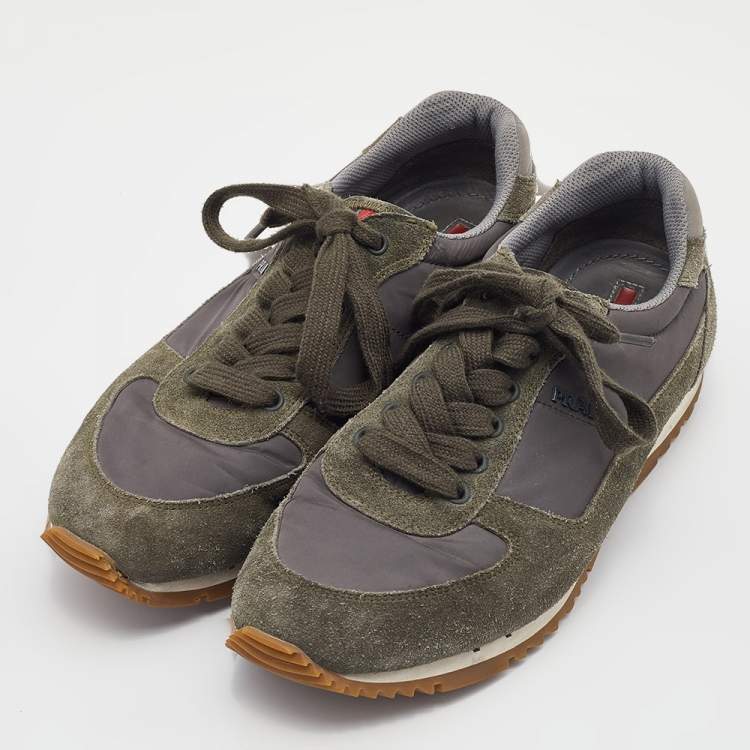 Pre Owned Prada Sport Grey/Green Nylon and Suede Low Top Sneakers Size 39.5
