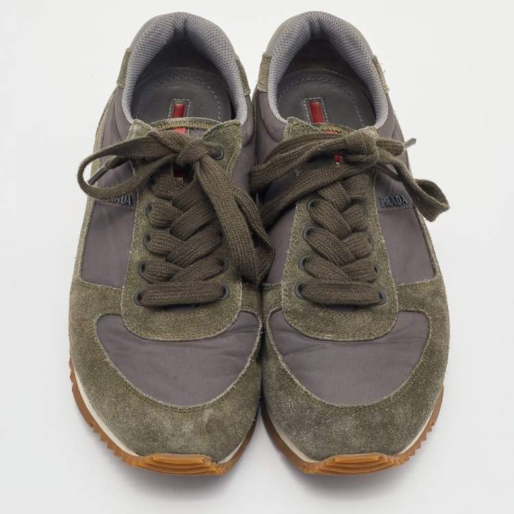 Pre Owned Prada Sport Grey/Green Nylon and Suede Low Top Sneakers Size 39.5
