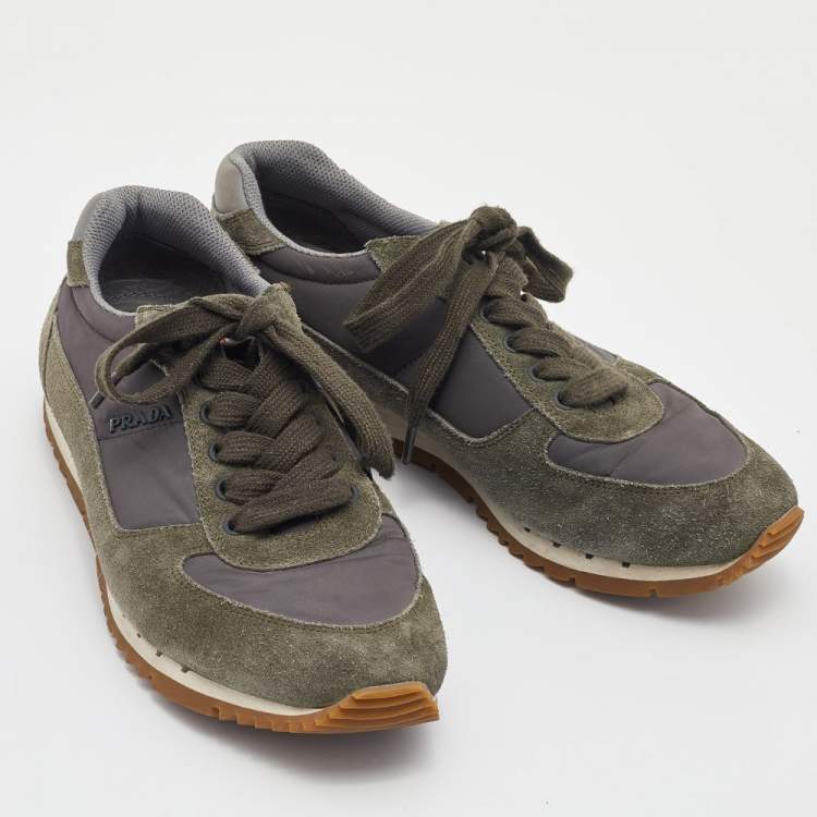 Pre Owned Prada Sport Grey/Green Nylon and Suede Low Top Sneakers Size 39.5