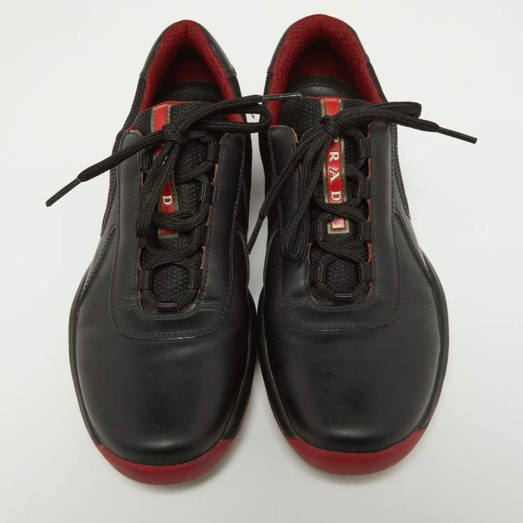 Pre Owned Prada Sport Black Leather and Knit Fabric Low Top Sneakers Size 40