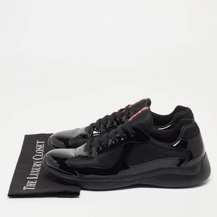 مملوكة مسبقًا Prada Black Mesh And Patent Leather Carrie Lace Up Sneakers Size 47