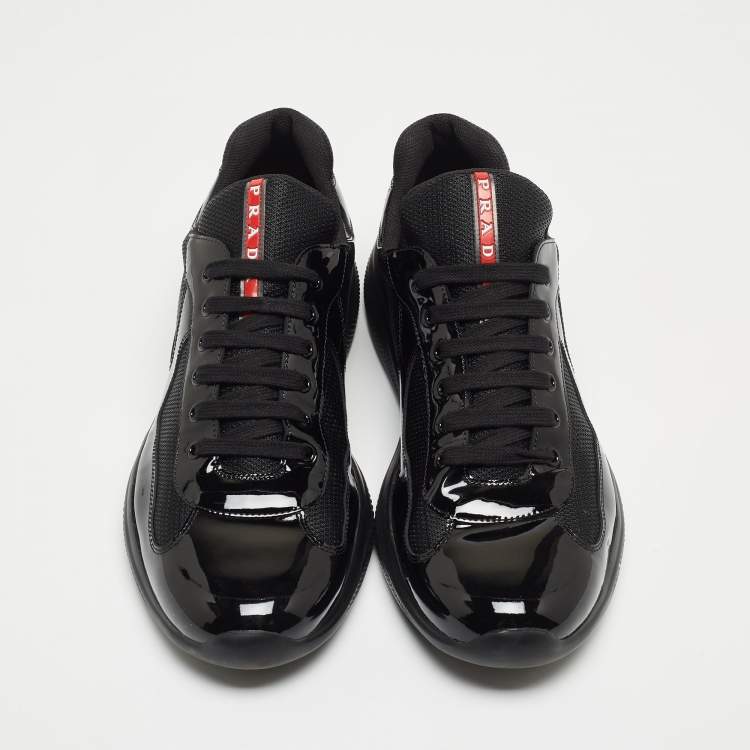 مملوكة مسبقًا Prada Black Mesh And Patent Leather Carrie Lace Up Sneakers Size 47