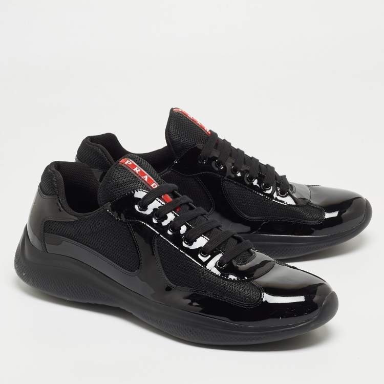 مملوكة مسبقًا Prada Black Mesh And Patent Leather Carrie Lace Up Sneakers Size 47