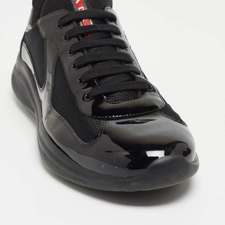 مملوكة مسبقًا Prada Black Mesh And Patent Leather Carrie Lace Up Sneakers Size 47