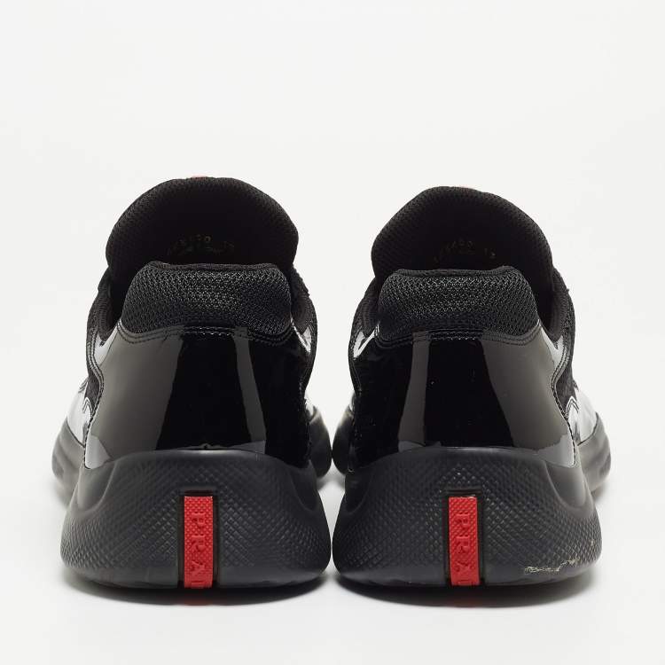 مملوكة مسبقًا Prada Black Mesh And Patent Leather Carrie Lace Up Sneakers Size 47