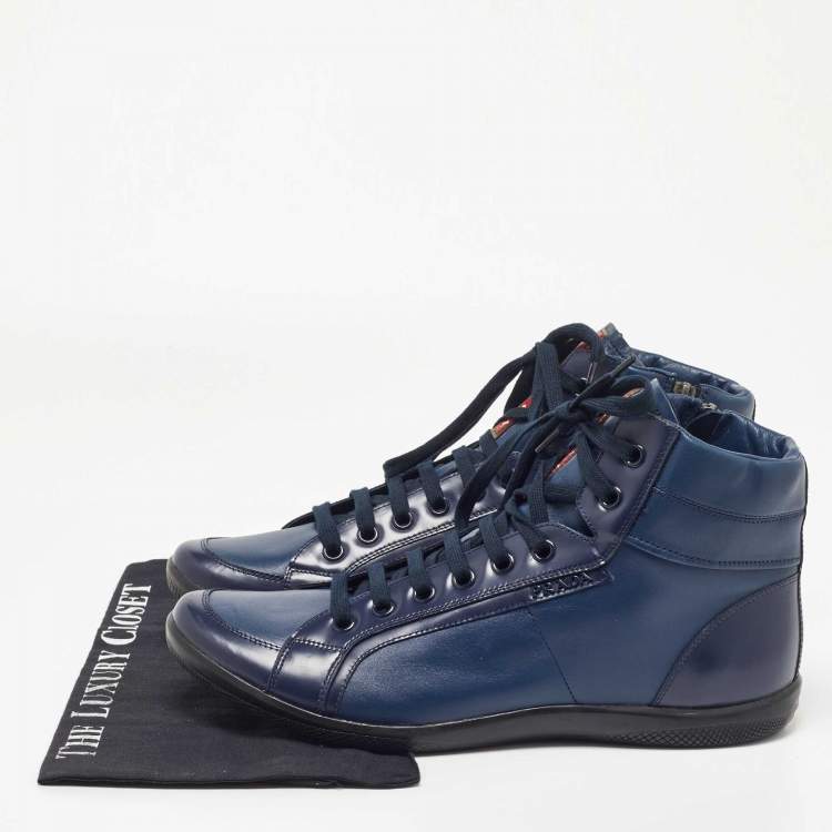 مملوكة مسبقًا Prada Navy Blue Leather Trainers High Top Sneakers Size 44
