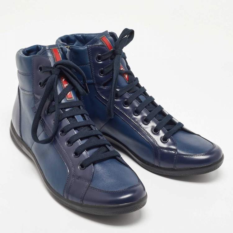 مملوكة مسبقًا Prada Navy Blue Leather Trainers High Top Sneakers Size 44