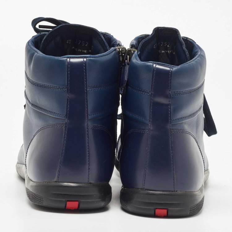 مملوكة مسبقًا Prada Navy Blue Leather Trainers High Top Sneakers Size 44
