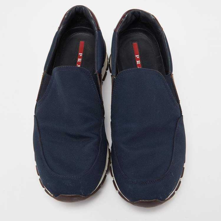 Pre Owned Prada Sport Navy Blue/Brown Nylon and Leather Slip On Sneakers Size 44