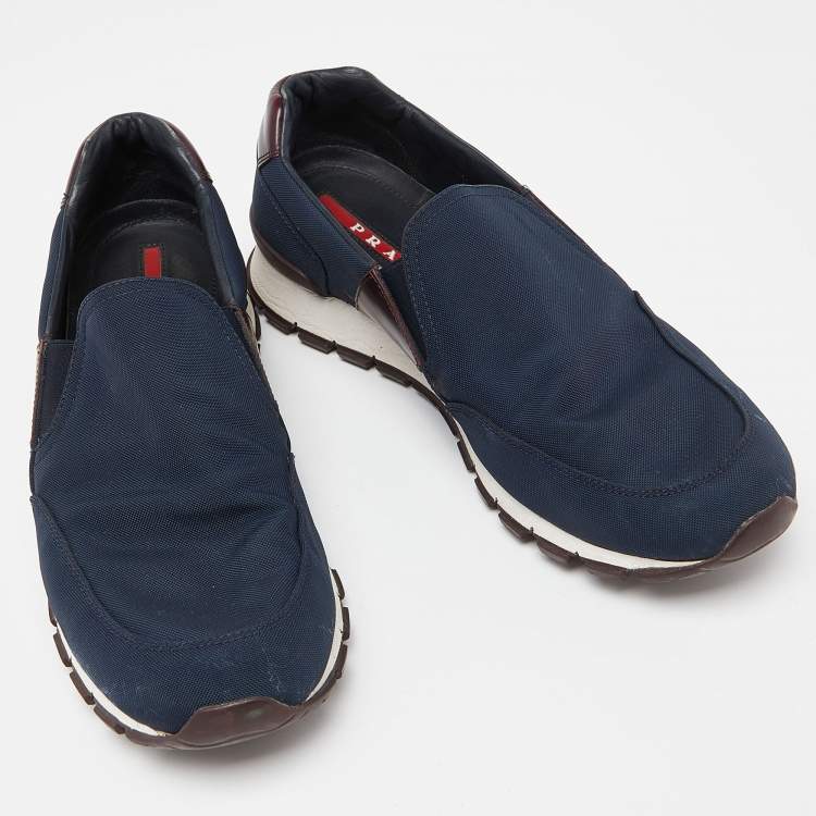 Pre Owned Prada Sport Navy Blue/Brown Nylon and Leather Slip On Sneakers Size 44