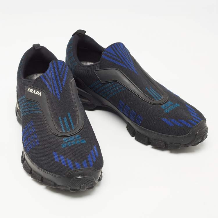 Pre Owned Prada Black/Blue Knit Fabric Low Top Sneakers Size 42.5 