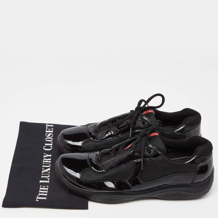 Pre Owned Prada Sport Black Mesh and Patent Leather Lace Up Low Top Sneakers Size 42