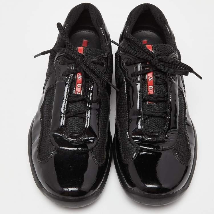 Pre Owned Prada Sport Black Mesh and Patent Leather Lace Up Low Top Sneakers Size 42