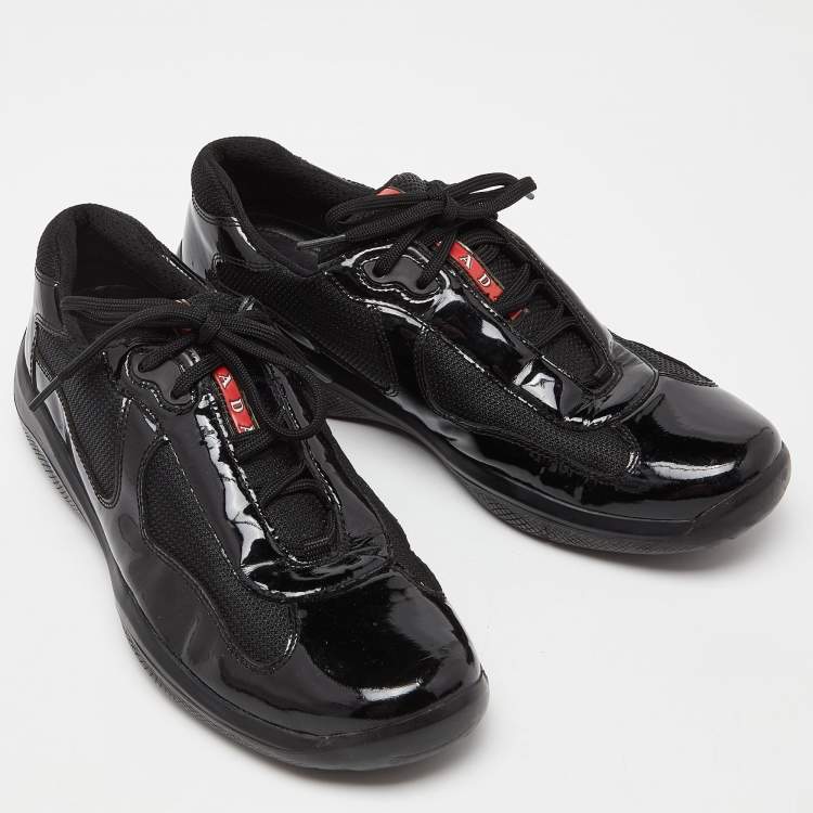Pre Owned Prada Sport Black Mesh and Patent Leather Lace Up Low Top Sneakers Size 42