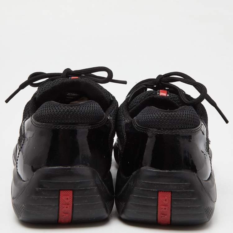 Pre Owned Prada Sport Black Mesh and Patent Leather Lace Up Low Top Sneakers Size 42