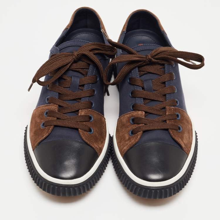 Pre Owned Prada Sport Navy Blue/Brown Canvas and Suede Low Top Sneakers Size 43