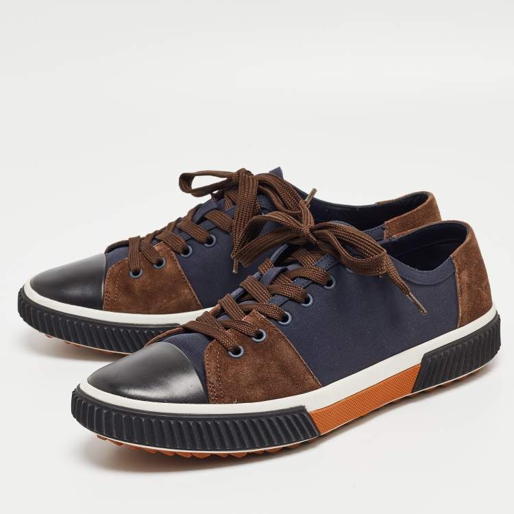 Pre Owned Prada Sport Navy Blue/Brown Canvas and Suede Low Top Sneakers Size 43