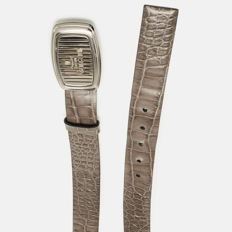 Pre Owned Prada Grey Crocodile Logo Plague Oval Belt  