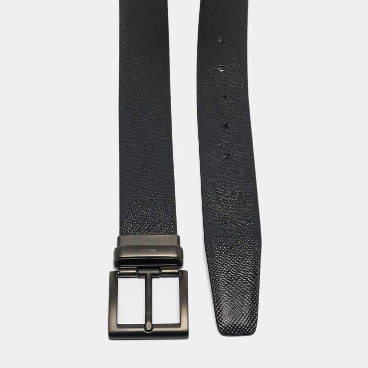 Pre Owned Prada Black/Navy Blue Saffiano Leather Reversible Buckle Belt 100CM
