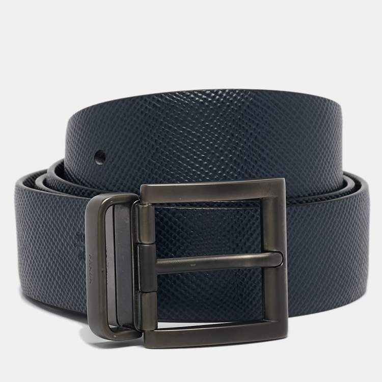 Pre Owned Prada Black/Navy Blue Saffiano Leather Reversible Buckle Belt 100CM