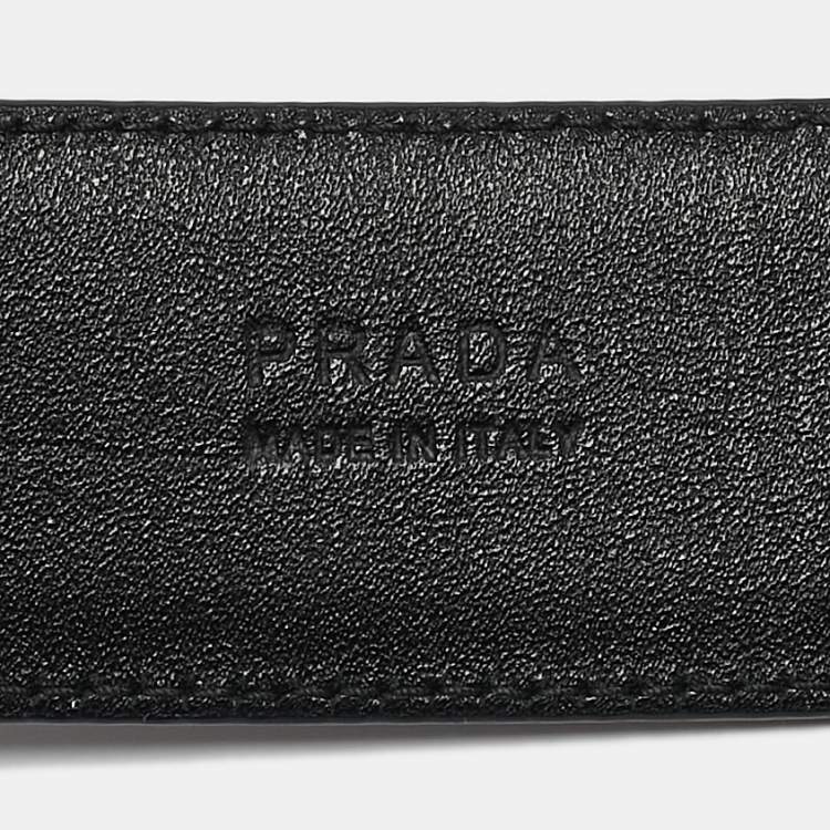 Pre Owned Prada Black Leather Logo Plague Buckle Belt 95CM
