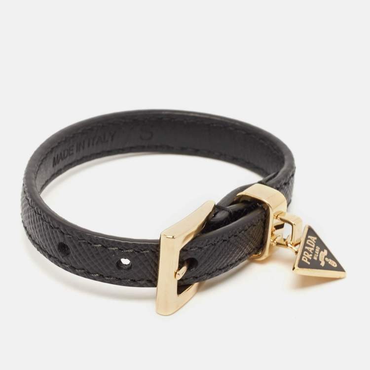 Pre Owned Prada Symbole Leather Gold Tone Bracelet S