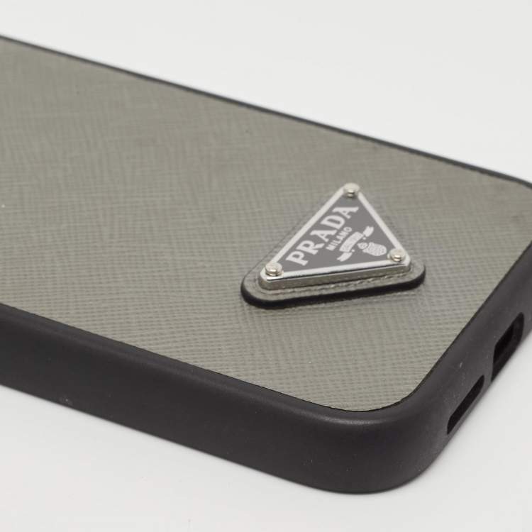 Pre Owned Prada Grey Saffiano Triangle Leather Iphone 15 Pro Max Case