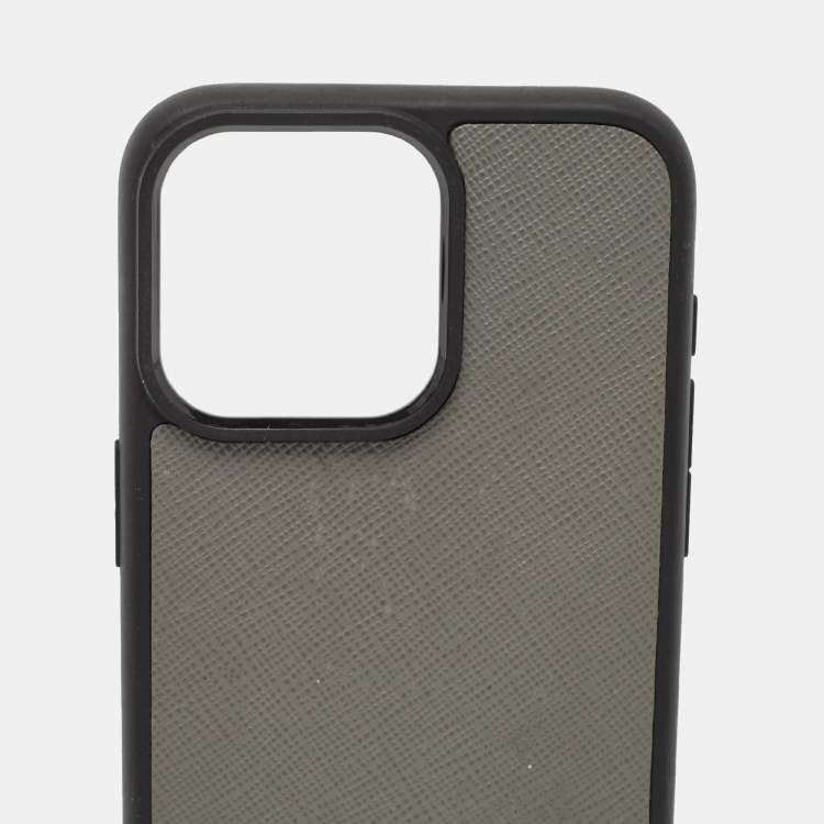 Pre Owned Prada Grey Saffiano Triangle Leather Iphone 15 Pro Max Case