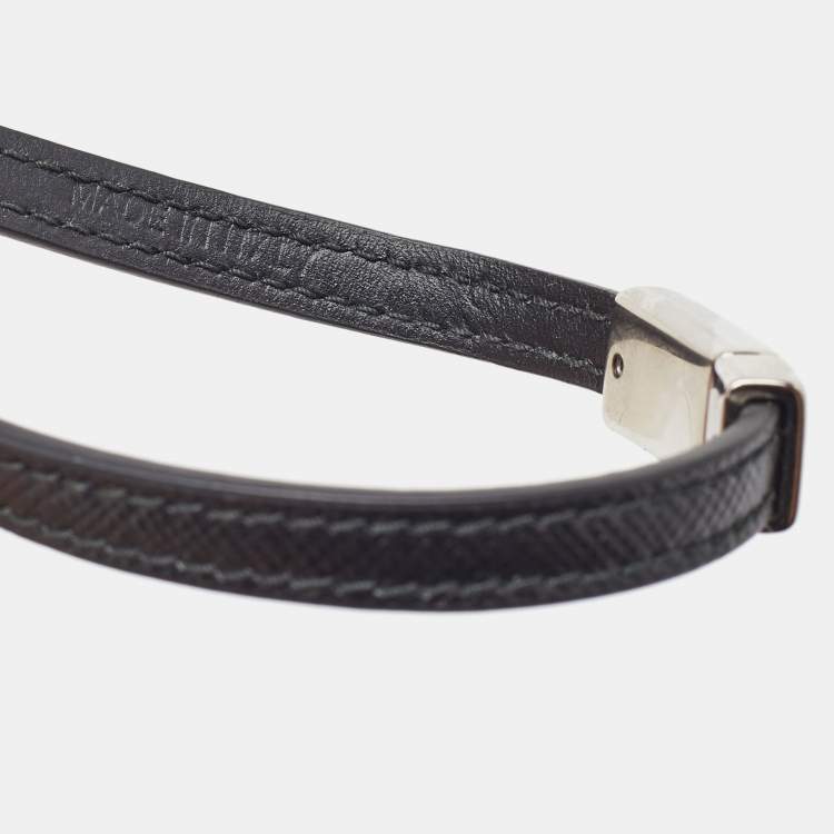 Pre Owned Prada Black Saffiano Leather Double Wrap Logo Bracelet