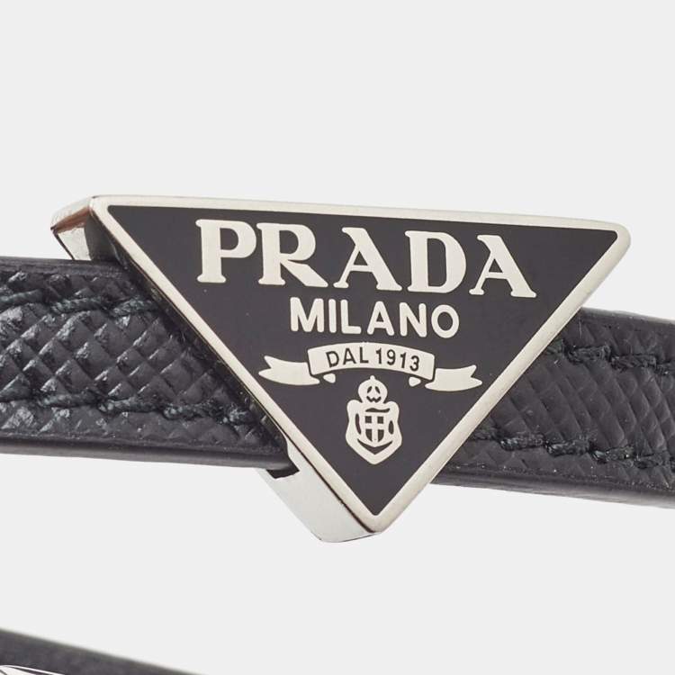 Pre Owned Prada Black Saffiano Leather Double Wrap Logo Bracelet