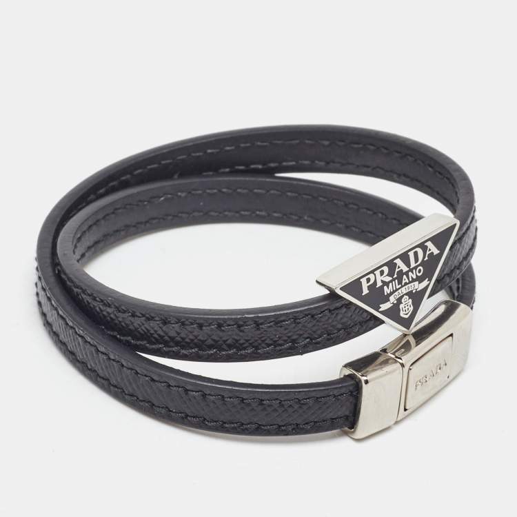 Pre Owned Prada Black Saffiano Leather Double Wrap Logo Bracelet