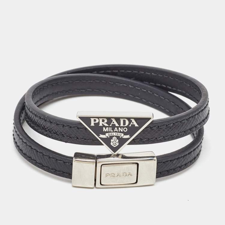 Pre Owned Prada Black Saffiano Leather Double Wrap Logo Bracelet