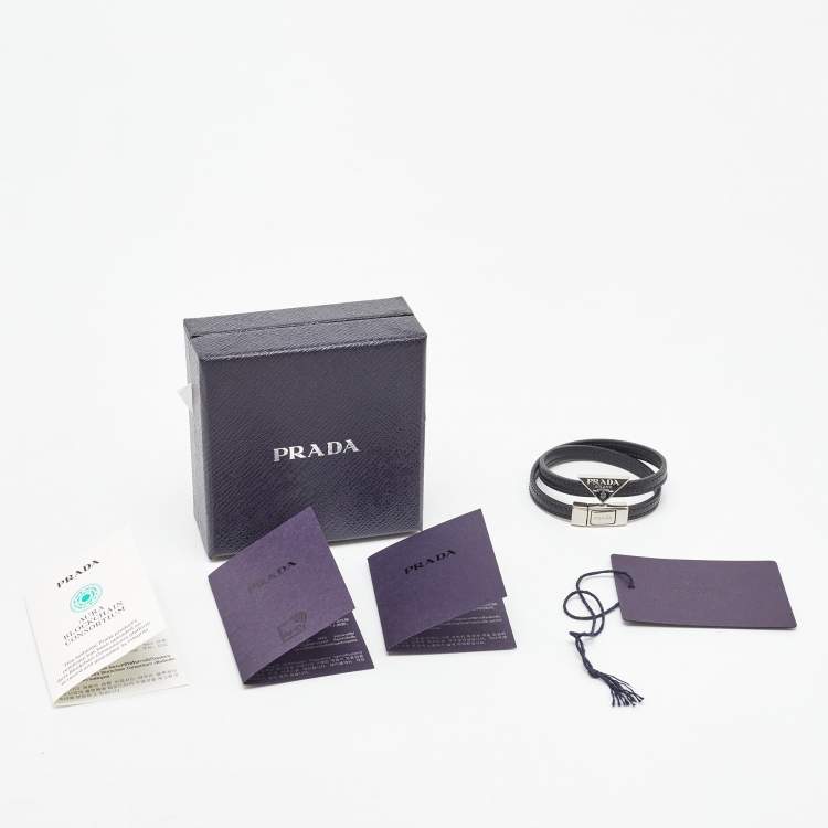 Pre Owned Prada Black Saffiano Leather Double Wrap Logo Bracelet