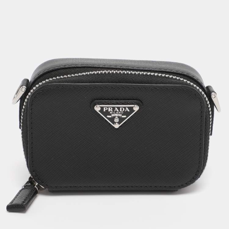 Pre Owned Prada Black Leather Travel Mini Strap Pouch 