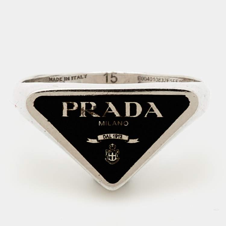 Pre Owned Prada Symbole Enamel Sterling Silver Ring Size 55 