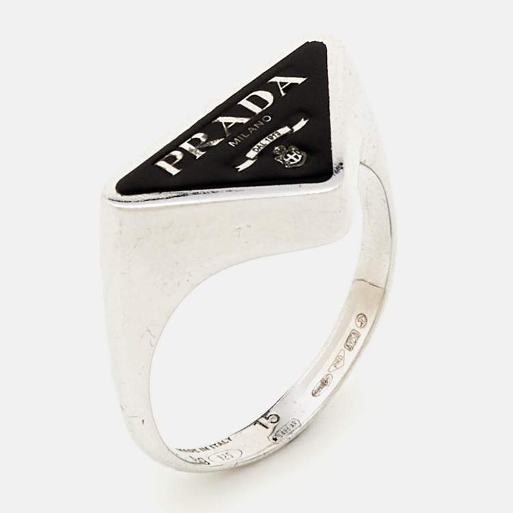 Pre Owned Prada Symbole Enamel Sterling Silver Ring Size 55 