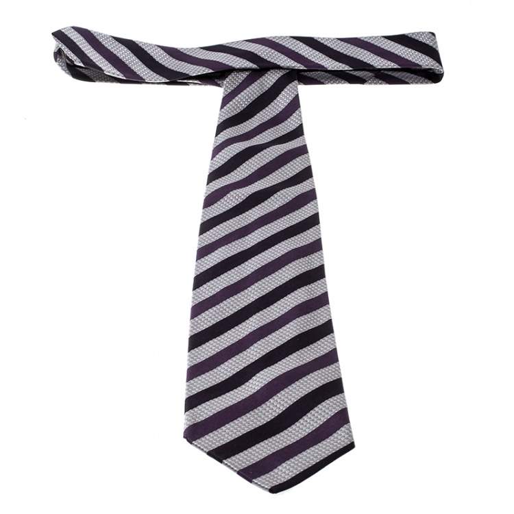 Pre Owned Holliday & Brown For Prada Purple Diagonal Striped Patterned Silk Jacquard Tie