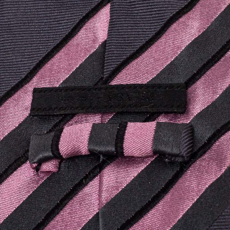 Pre Owned Prada Grey & Pink Diagonal Striped Silk Tie 