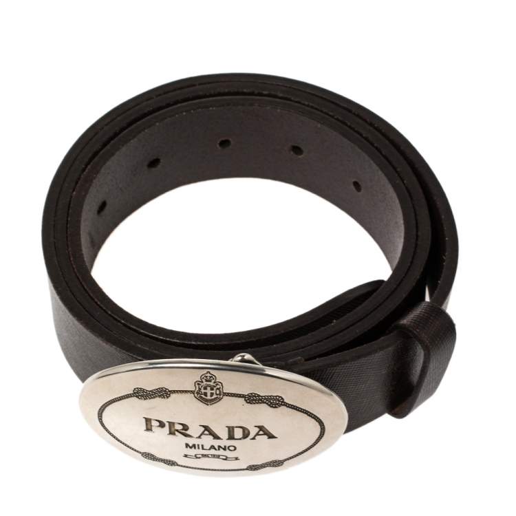 Pre Owned Prada Brown Leather Engraved Oval Plaque Buckle Belt 90CM