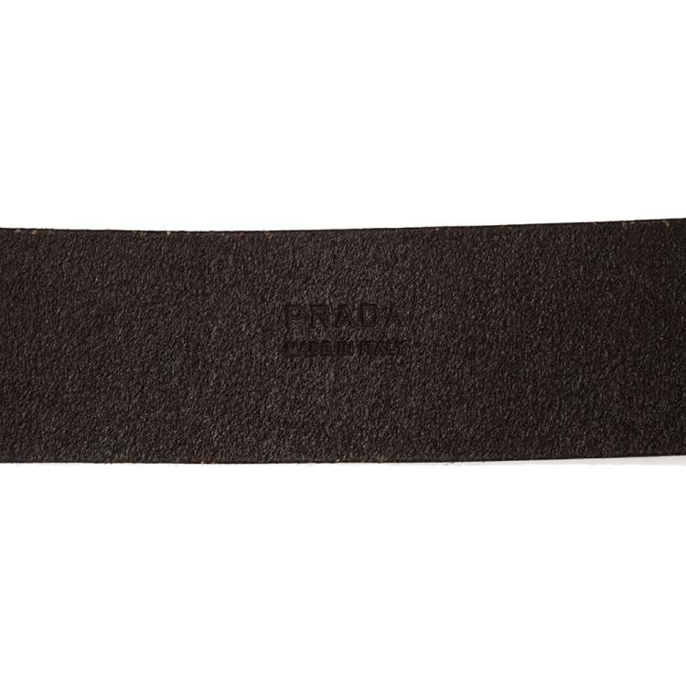 Pre Owned Prada Brown Leather Engraved Oval Plaque Buckle Belt 90CM