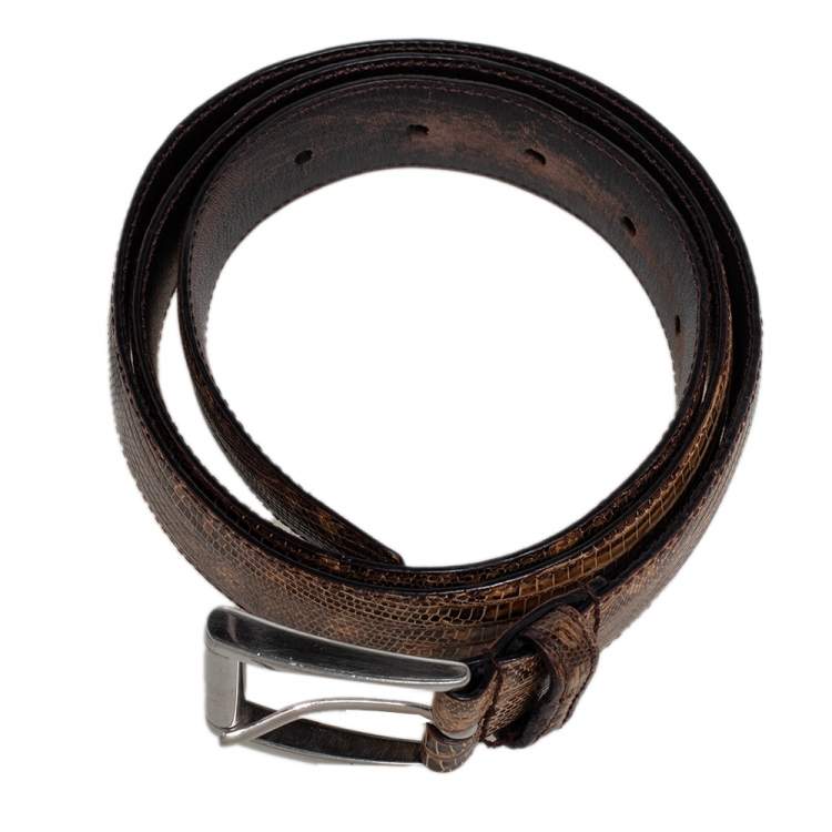 Pre Owned Prada Beige/Brown Lizard Buckle Belt 90 CM