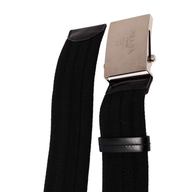 Pre Owned Prada Black Nylon and Leather Buckle Belt 95 CM