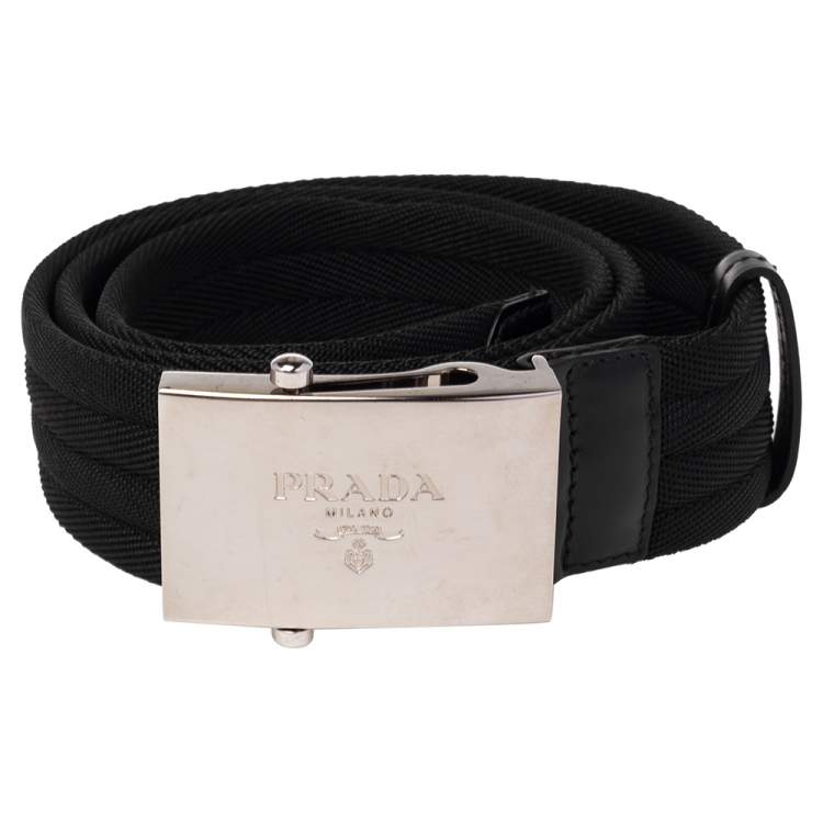 Pre Owned Prada Black Nylon and Leather Buckle Belt 95 CM