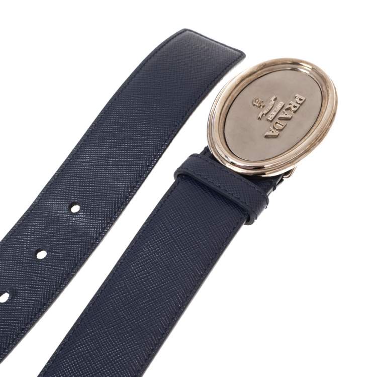 Pre Owned Prada Navy Blue Saffiano Leather Oval Plaque Buckle Belt 90CM