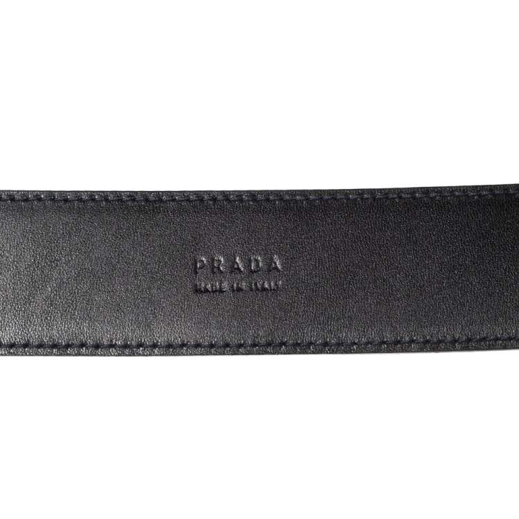 Pre Owned Prada Navy Blue Saffiano Leather Oval Plaque Buckle Belt 90CM