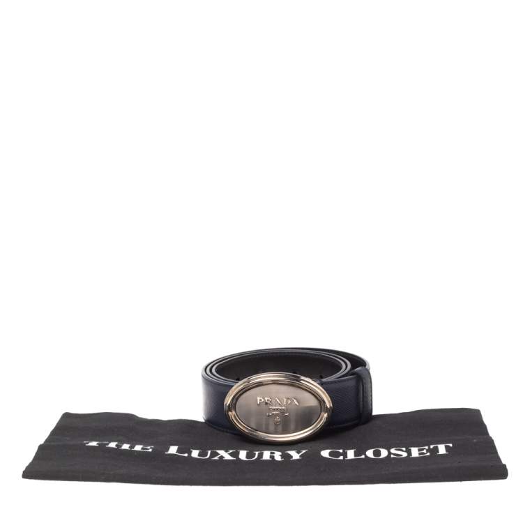 Pre Owned Prada Navy Blue Saffiano Leather Oval Plaque Buckle Belt 90CM