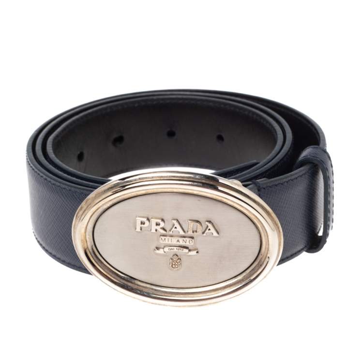 Pre Owned Prada Navy Blue Saffiano Leather Oval Plaque Buckle Belt 90CM