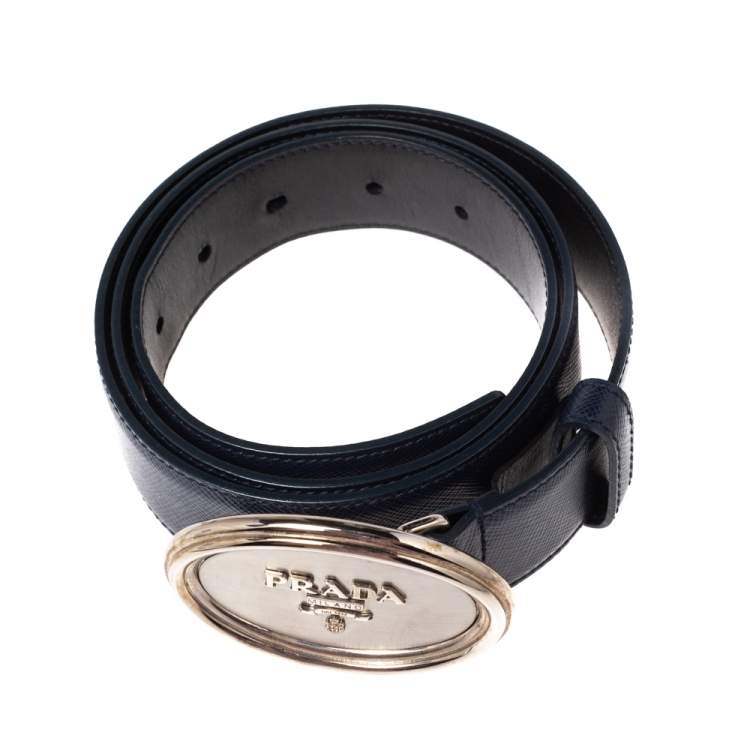 Pre Owned Prada Navy Blue Saffiano Leather Oval Plaque Buckle Belt 90CM