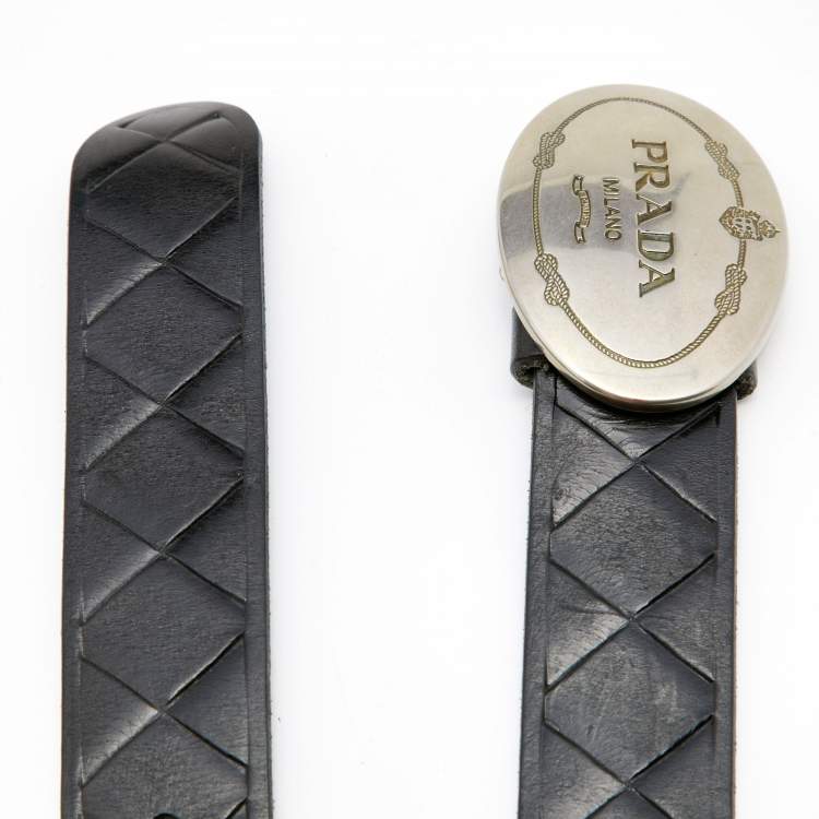 Pre Owned Prada Black Woven Pattern Embossed Leather Vintage Logo Plaque Belt 95CM