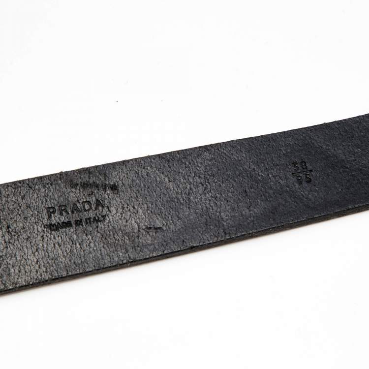 Pre Owned Prada Black Woven Pattern Embossed Leather Vintage Logo Plaque Belt 95CM